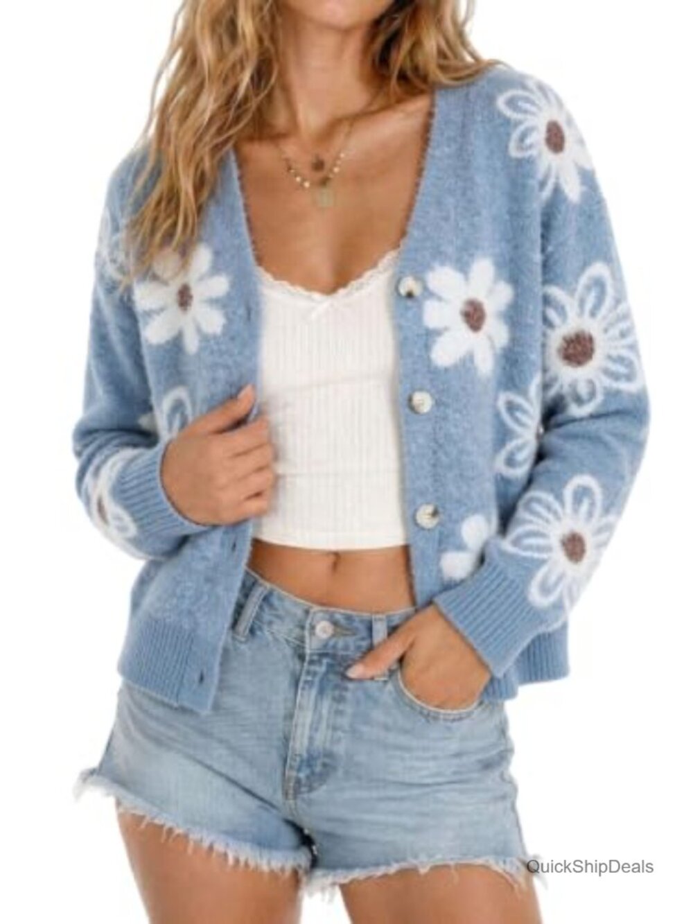 CHARTOU Women V Neck Floral Furry Crop Cardigan Knitted Button Down Sweater